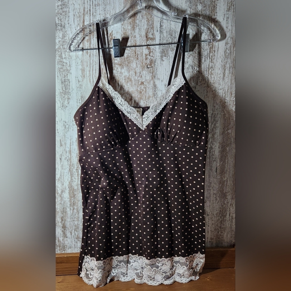 Topia Brown Polka Dot Lace Trim Tank Top